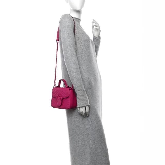 Gucci Matelasse Monochrome Mini GG Marmont Top Handle Shoulder Bag Classic Fuxia in Calfskin from FASHIONPHILE, photo 3 of 13