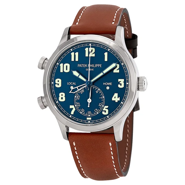 Patek Philippe Calatrava Pilot Travel Time 18kt White Gold Automatic Mens Watch 5524G-001 in blue|brown|white|gold|red Calfskin from Jomashop.com