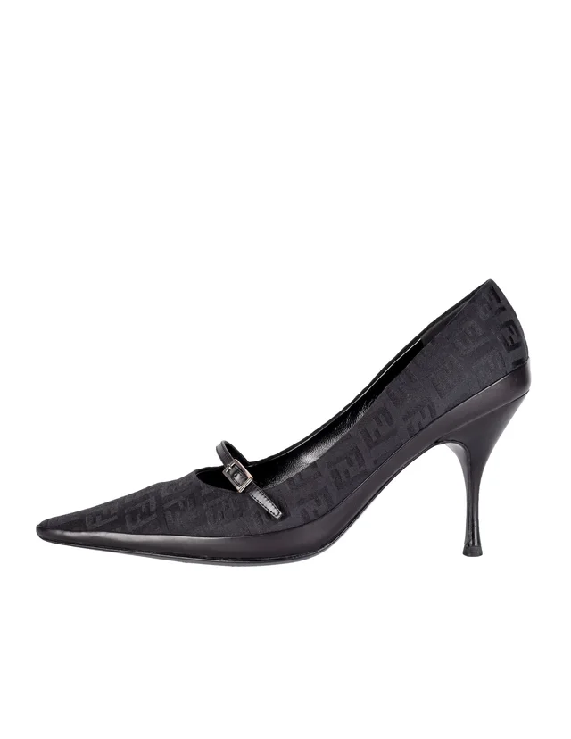 Fendi Vintage Black Zucchino Logo Fabric and Leather Mary Jane Heels in Black Leather from Amarcord Vintage Fashion