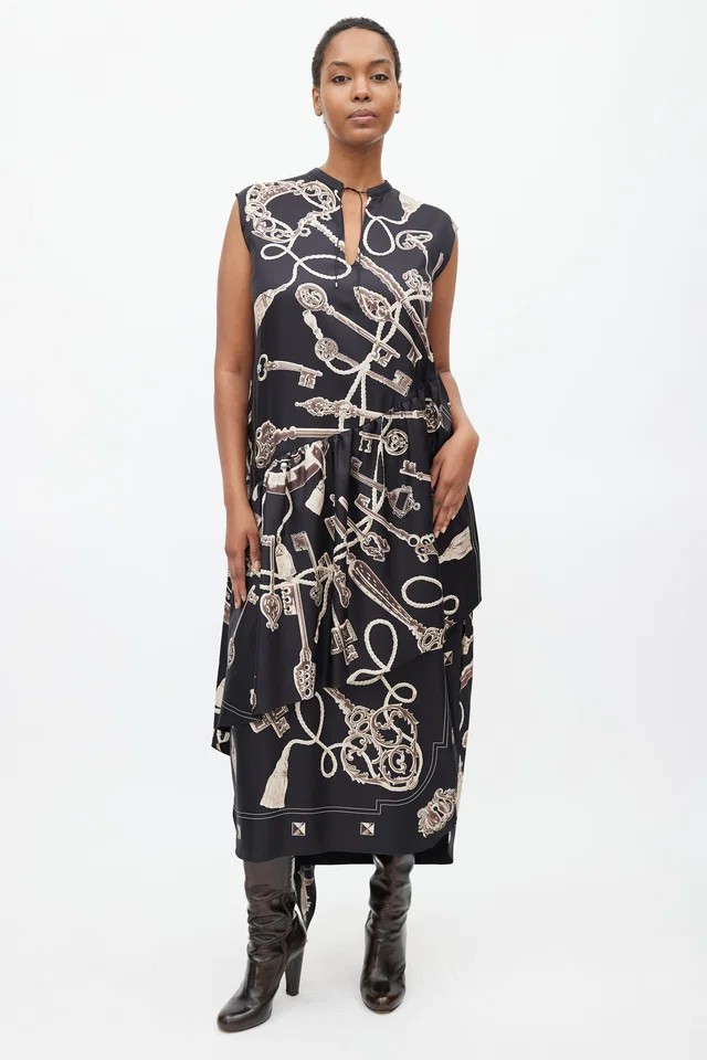 Hermès Black & Brown Silk Les Cles Print Asymmetrical Dress in Black Silk from VSP Consignment