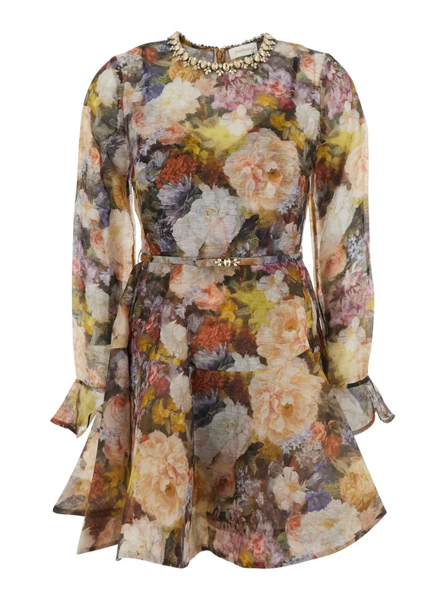 ZIMMERMANN 'Alchemy' Multicolor Mini Dress with all-over print and front belt in linen and silk for women in Multicolor 53% Linen 47% Silk, photo 2 of 6 from Gaudenzi Boutique