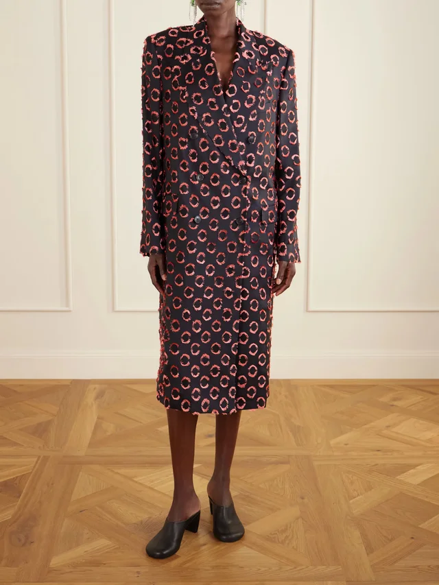 DRIES VAN NOTEN Double-breasted polka-dot fil-coupé silk-blend coat in black 69% Viscose 31% Silk, photo 3 of 5 from NET-A-PORTER (Canada)