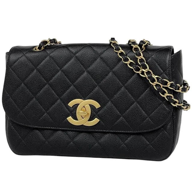 Chanel Shoulder Bag CC Logo Quilted Chain Caviar Leather Black in Black Caviar leather from The Reluxe