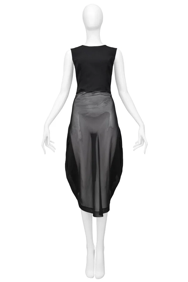 Comme des Garçons Black Sheer Front Concept Dress 1997 in Black Wool from Resurrection Vintage