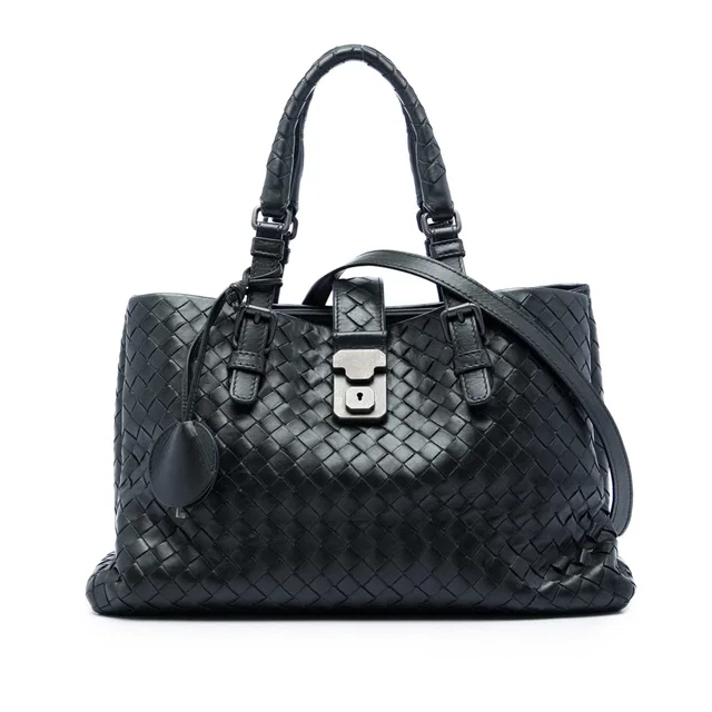 Black Bottega Veneta Small Nappa Intrecciato Roma Satchel in Black Nappa leather from Designer Revival