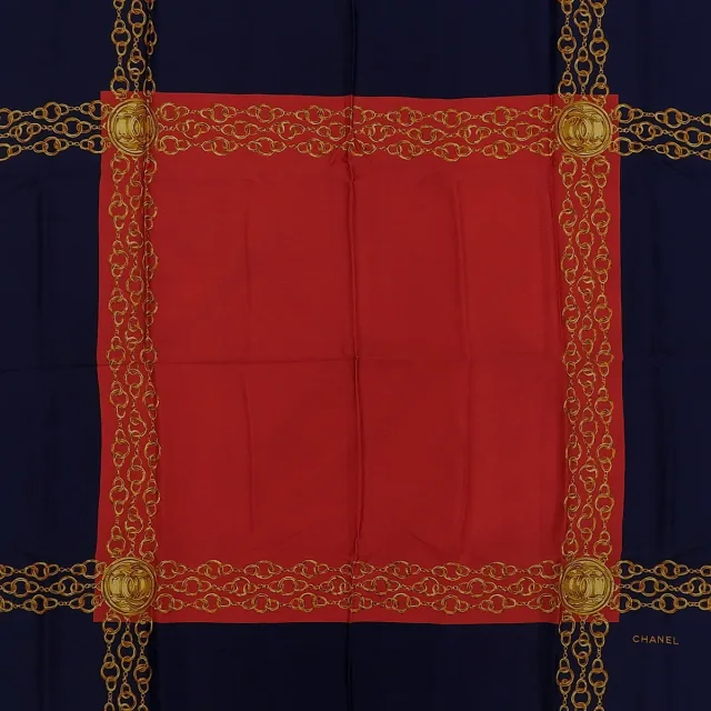 Chanel CC Mark Chain Pattern Scarf Red/Navy/Multi in Red Silk from VINTAGE QOO TOKYO, photo 6 of 10
