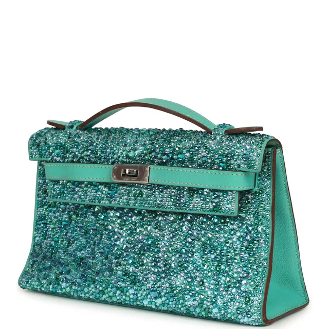 Custom "Aquamarine" Swarovski Crystal Pre-owned Hermes Kelly Pochette Lagon Swift Palladium… in Blue Swift/Swarovski Crystals from Madison Avenue Couture, photo 1 of 1
