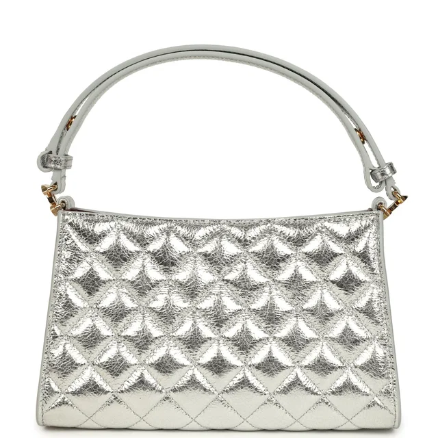 Chanel Small Quilted CC Shoulder Bag Metallic Silver Aged Calfskin Gold Hardware in Silver Calfskin from Madison Avenue Couture