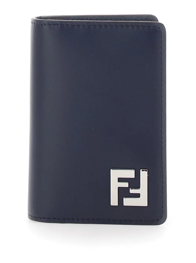 Blue Leather Card Holder with FF Logo Plate on the Front for Men in Blue, image 1 of 1 from Gaudenzi Boutique