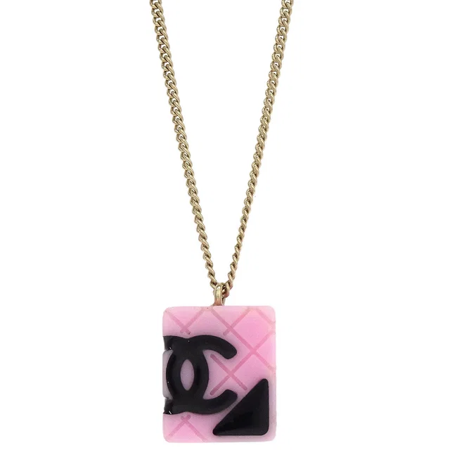 Chanel Cambon Ligne Chain Necklace Pendant Gold Pink 05C in Pink Resin from AMORE Vintage Tokyo