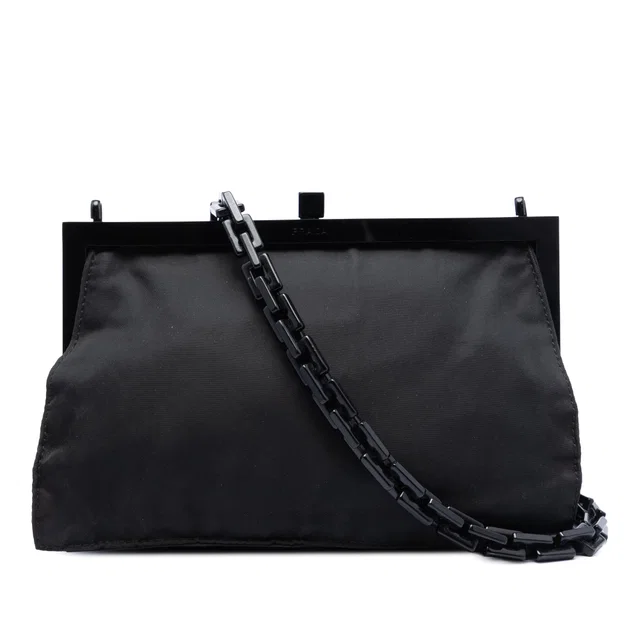 Black Prada Tessuto Kisslock Frame Chain Crossbody in Black Nylon from Designer Revival