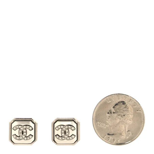 Chanel Pearl Crystal CC Square Earrings Silver in Silver Resin from FASHIONPHILE, photo 2 of 4