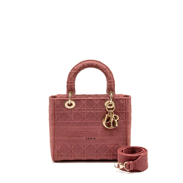 Dior medium Lady D-lite bag embroidery canvas pink LGHW in Pink Canvas from EMIER