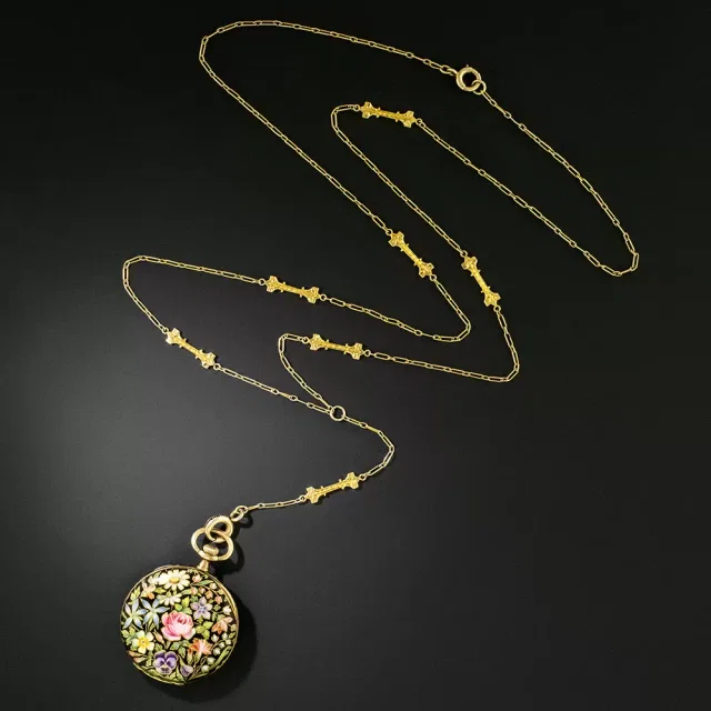 Antique Longines 18K Enamel Pendant Watch Necklace from Lang Antiques