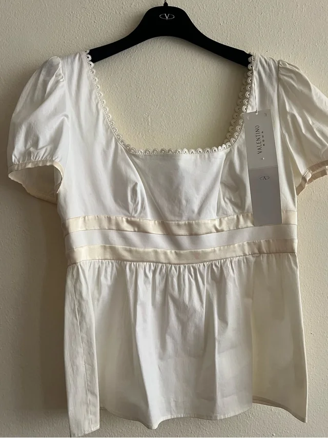 Valentino Garavani White Square Neck Blouse Lace Nwt Italy Size 44 / 8 in White Satin from Poshmark