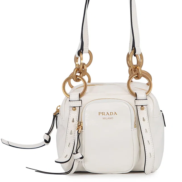 Prada Dunkle Top Handle Mini Bag White1BB137 Dangle Leather Size Mini in Leather from GALLERY RARE