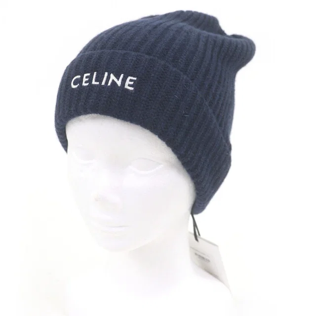 Celine Logo Embroidery Beanie Knit Cap Navy Hat in Navy Cashmere from The Reluxe