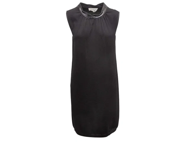 Black Yves Saint Laurent Merino Wool Leather-Trimmed Dress Size US S in Black Wool from Designer Revival