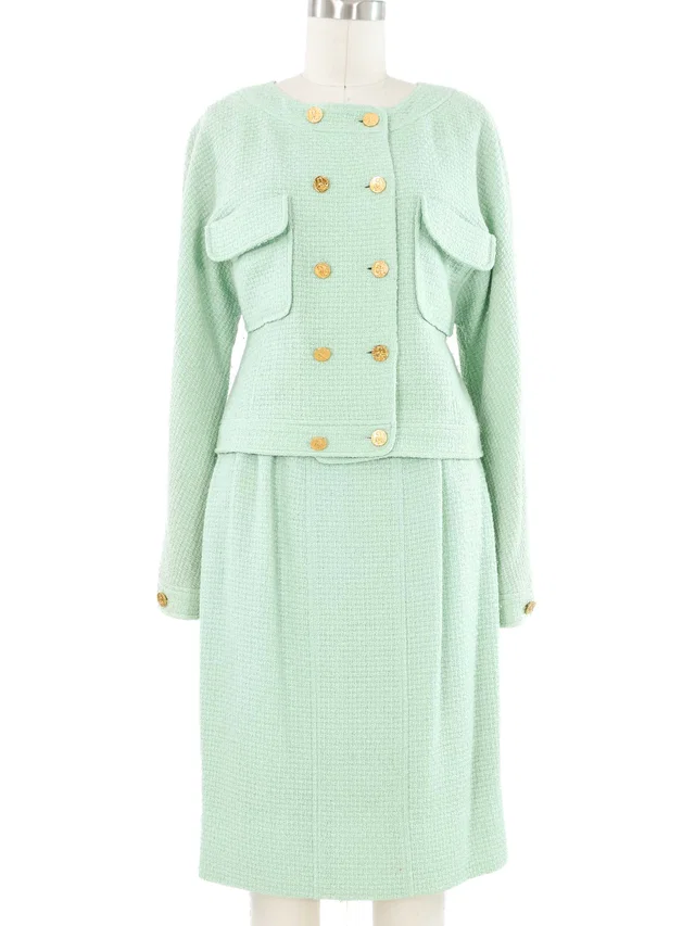 1980s Chanel Mint Double Breasted Skirt Suit in Silk from Arcade Vintage