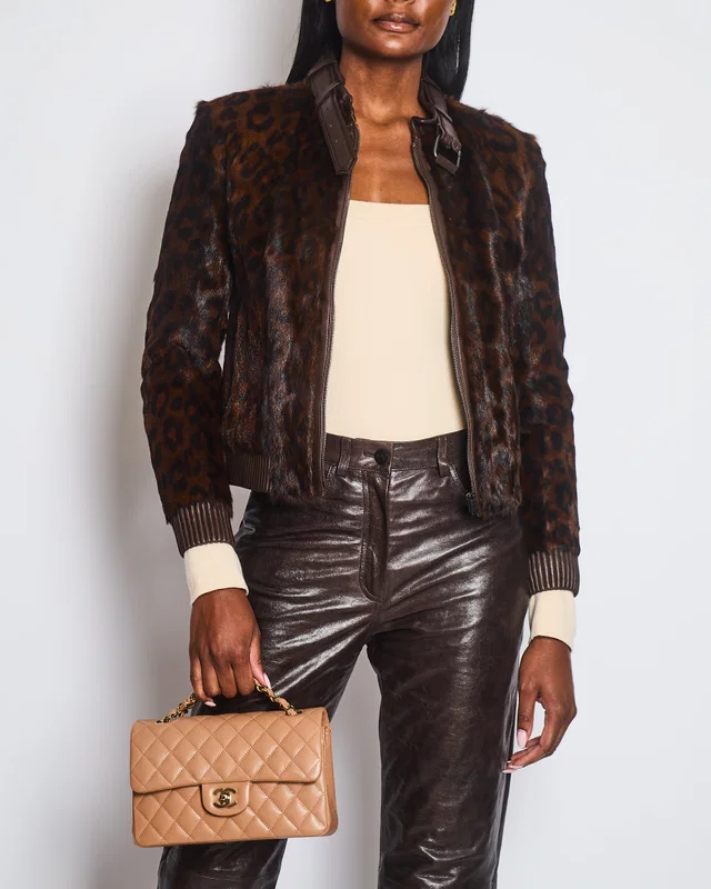 Tom Ford Chocolate Brown Leopard Print Fur Bomber Jacket with Leather Details Size FR 36 (UK 8) in Brown Leather from Sellier