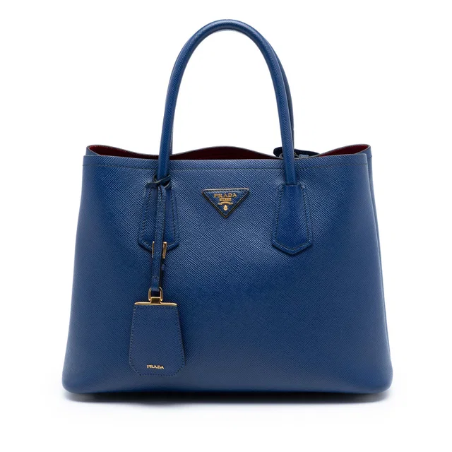 Blue Prada Medium Saffiano Cuir Double Satchel in Blue Saffiano leather from Designer Revival