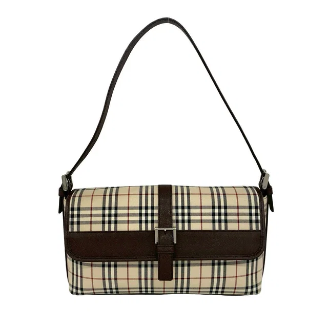 Burberry Check Canvas Leather Shoulder Bag in Beige Canvas from LuxUness
