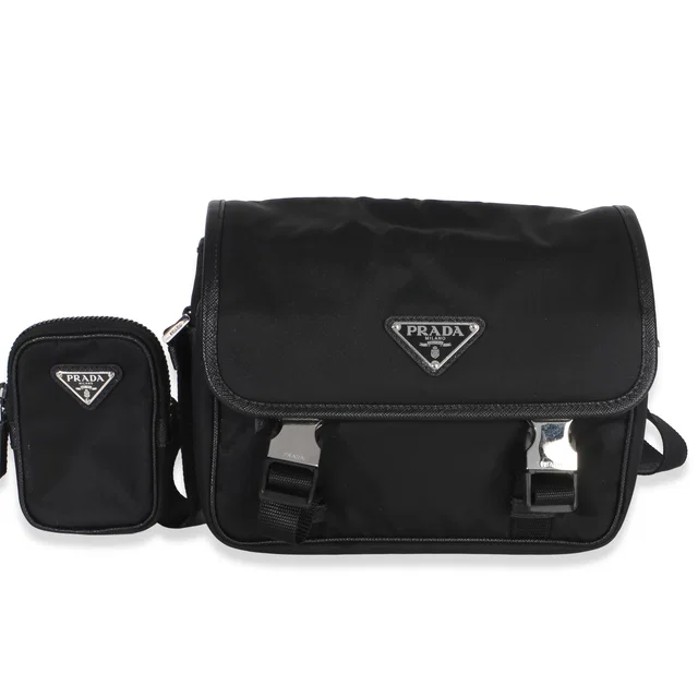 Prada Black Re-Nylon Saffiano Double Buckle Messenger Bag Handbag in Black Saffiano leather from HEWI