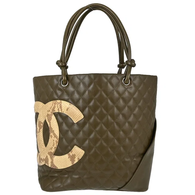 Chanel Khaki Calfskin Python Cambon Ligne Tote Handbag in Green Calfskin from AMORE Vintage Tokyo