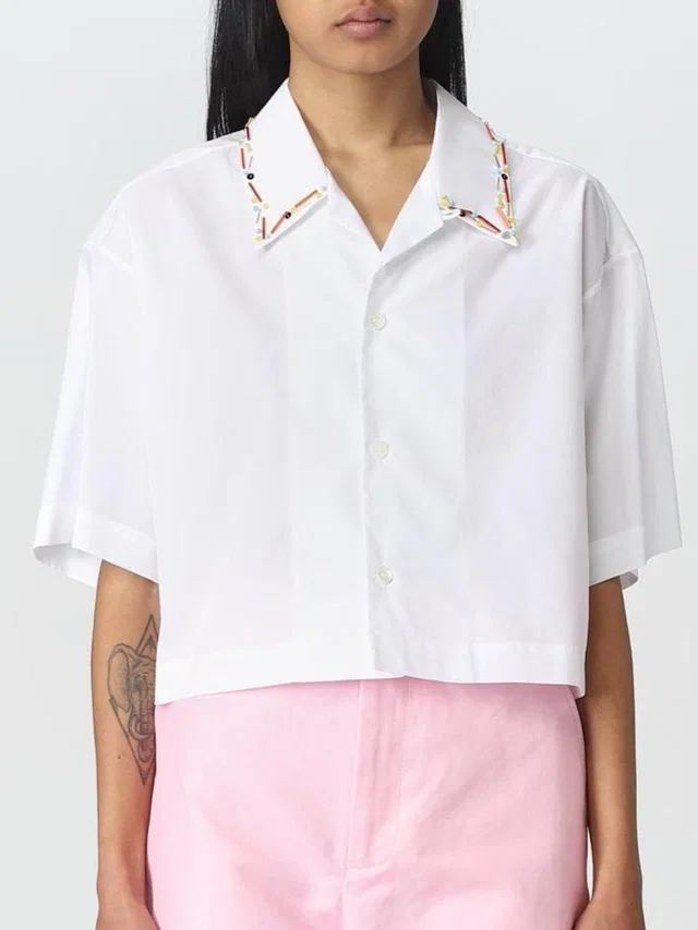 Marni Cropped White Bowling Shirt With Embellished Collar in red|white from Poshmark