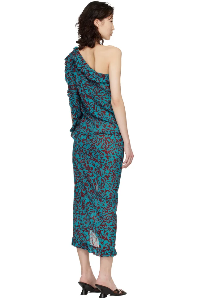 Dries Van Noten Blue & Burgundy Graphic Midi Dress, photo 3 of 4 from SSENSE