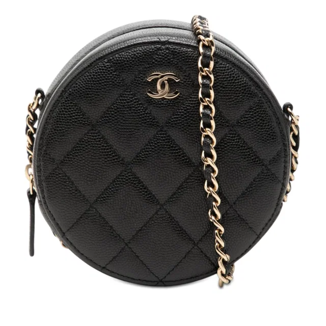 Black Chanel CC Quilted Caviar Round Clutch With Chain Crossbody Bag in Black Caviar leather from Designer Revival