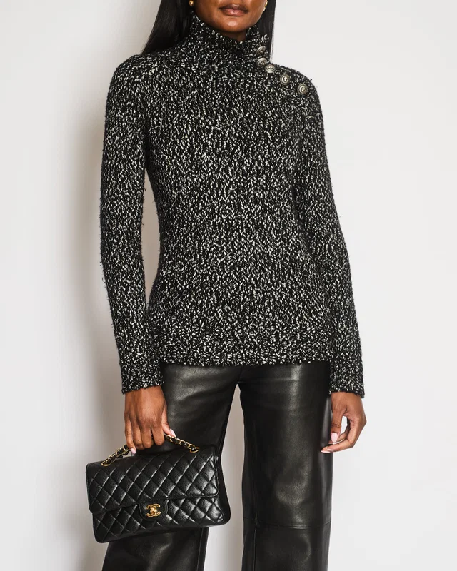 Balmain Black and White Knitted High-Neck Jumper with Silver Lion Buttons Size FR 36 (UK 8) in Black Wool from Sellier