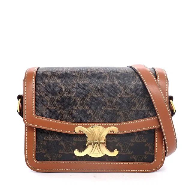 Celine Shoulder Bag Teen Triomphe Tan Canvas Calfskin in Brown Calfskin from The Reluxe