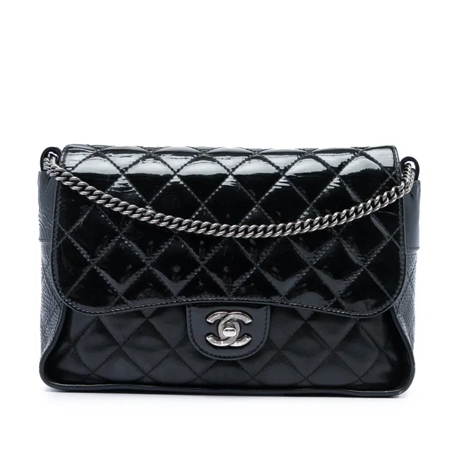 Black Chanel CC Quilted Lambskin and Patent Bijoux Chain Flap Crossbody Bag in Black Lambskin from Designer Revival