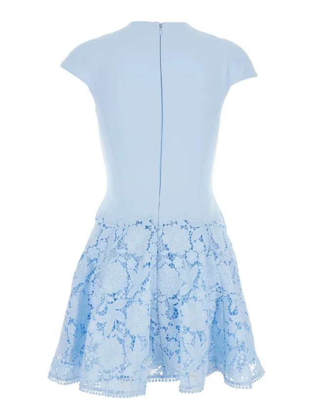 SELF-PORTRAIT Light blue mini dress with lace embroidery on the skirt in tech fabric for women, photo 3 of 6 from Gaudenzi Boutique