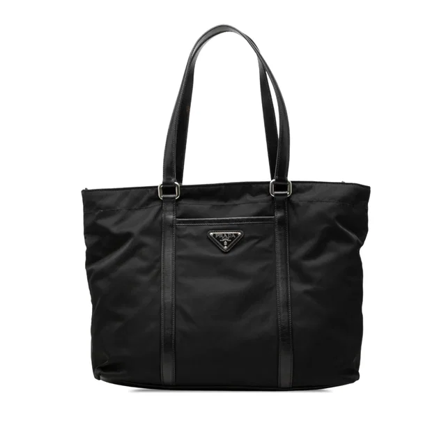Black Prada Saffiano Trimmed Tessuto Tote in Black Saffiano leather from Designer Revival