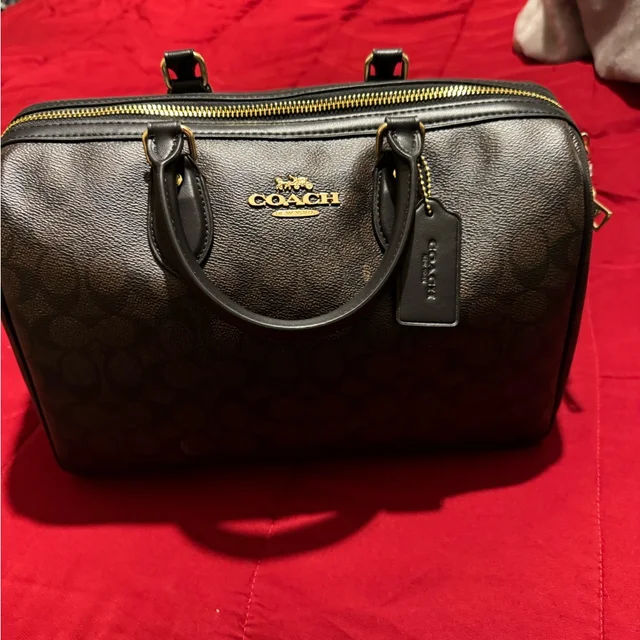 Coach Large Rowan Signature Brown And Black Satchel in black|brown|red from Poshmark