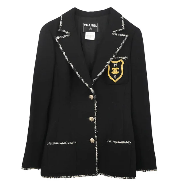 Chanel 2005 Black Emblem Single Breasted Jacket #36 in Black Wool from AMORE Vintage Tokyo
