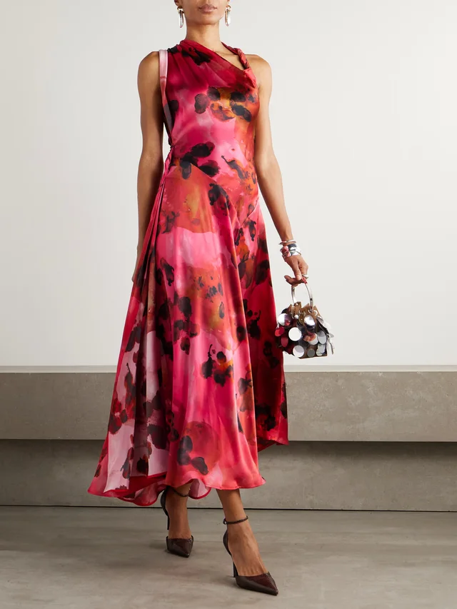 VICTORIA BECKHAM Draped floral-print silk-satin midi dress in Red, photo 2 of 2 from NET-A-PORTER (Canada)