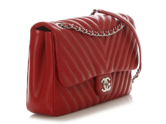 Chanel Jumbo Red Chevron-Quilted Lambskin Classic Single Flap in Red Lambskin from Ann's Fabulous Finds, photo 5 of 9