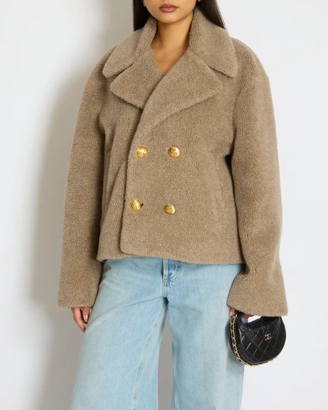 Celine Taupe Shearling Effect Cropped Coat with Button Detail Size FR 38 (UK 10) in Taupe Silk from Sellier