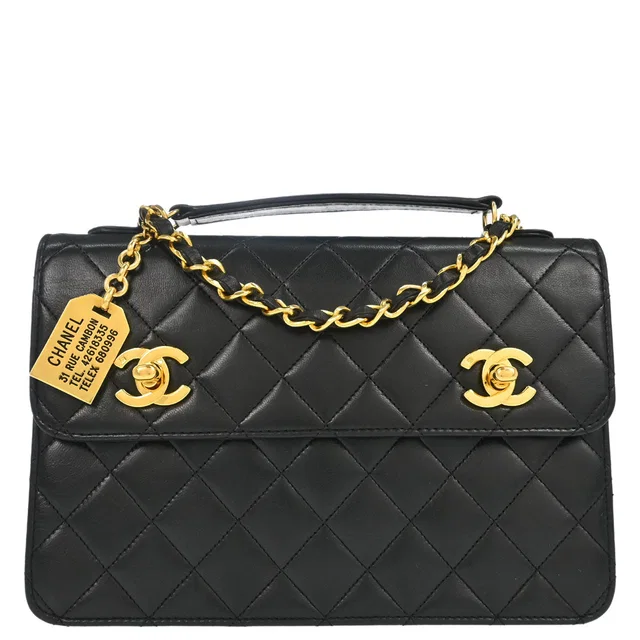 Chanel 1989-1991 Black Lambskin Double Turnlock 2way Shoulder Handbag in Black Lambskin from AMORE Vintage Tokyo
