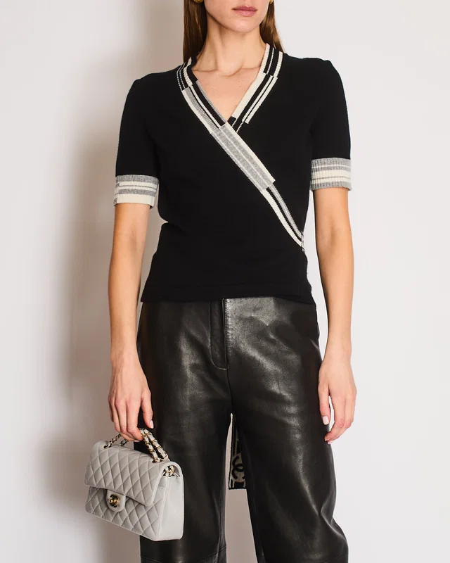Chanel Black, White, and Grey Wrap Cashmere Cardigan with Logo Detail Size FR 38 (UK 10) in Black Cashmere from Sellier