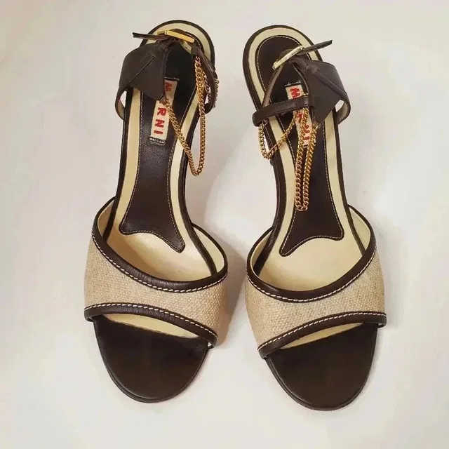Marni Ankle Chain Leather Canvas Open Toe Heels 37.5 in brown|red|neutral Canvas from Poshmark