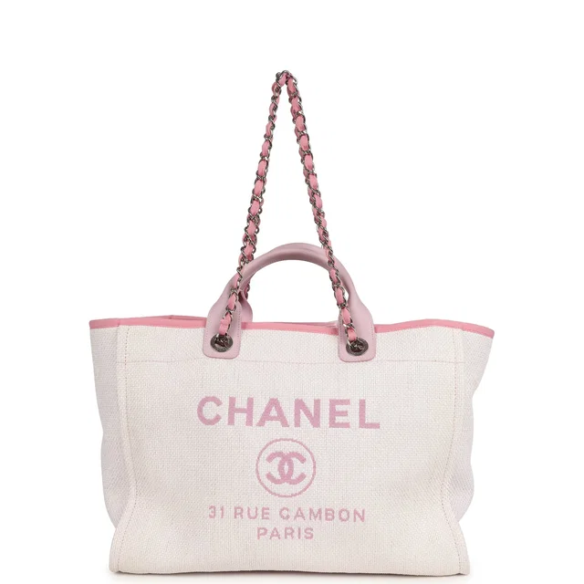 Chanel Medium Deauville Shopping Tote Light Pink Raffia and Canvas Silver Hardware in Pink Canvas from Madison Avenue Couture