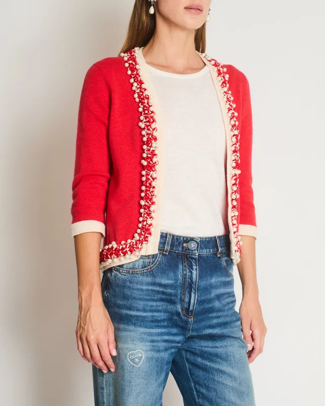 Chanel 10P Red Knitted Long Sleeve Cardigan with Pearls & Cream Braided Trim Details FR 36 (UK 8) in White Cashmere from Sellier