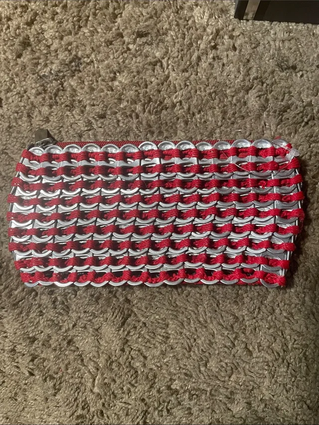 Escada Red And Silver Woven Zip Cosmetic Pouch in red|gray|silver Woven leather from Poshmark