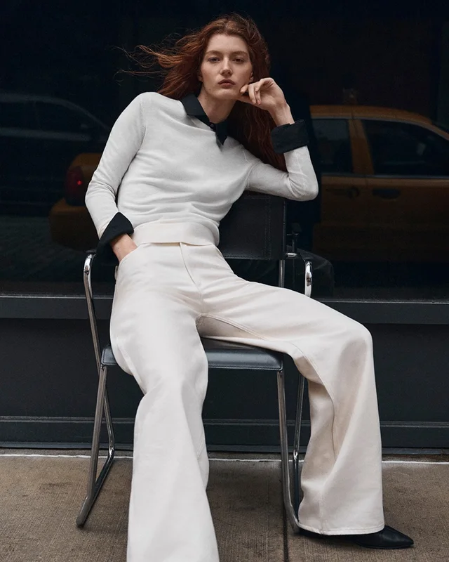 Theory Straight-Leg Five-Pocket Pant in Denim in ECRU, photo 12 of 12 from Theory