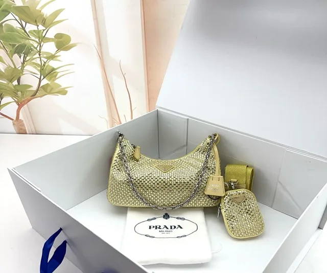 Prada Crystal Embellished Satin Re-Edition Shoulder Bag in Yellow Satin from Luxury Promise