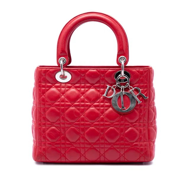Red Dior Medium Lambskin Cannage Lady Dior Satchel in Red Lambskin from Designer Revival